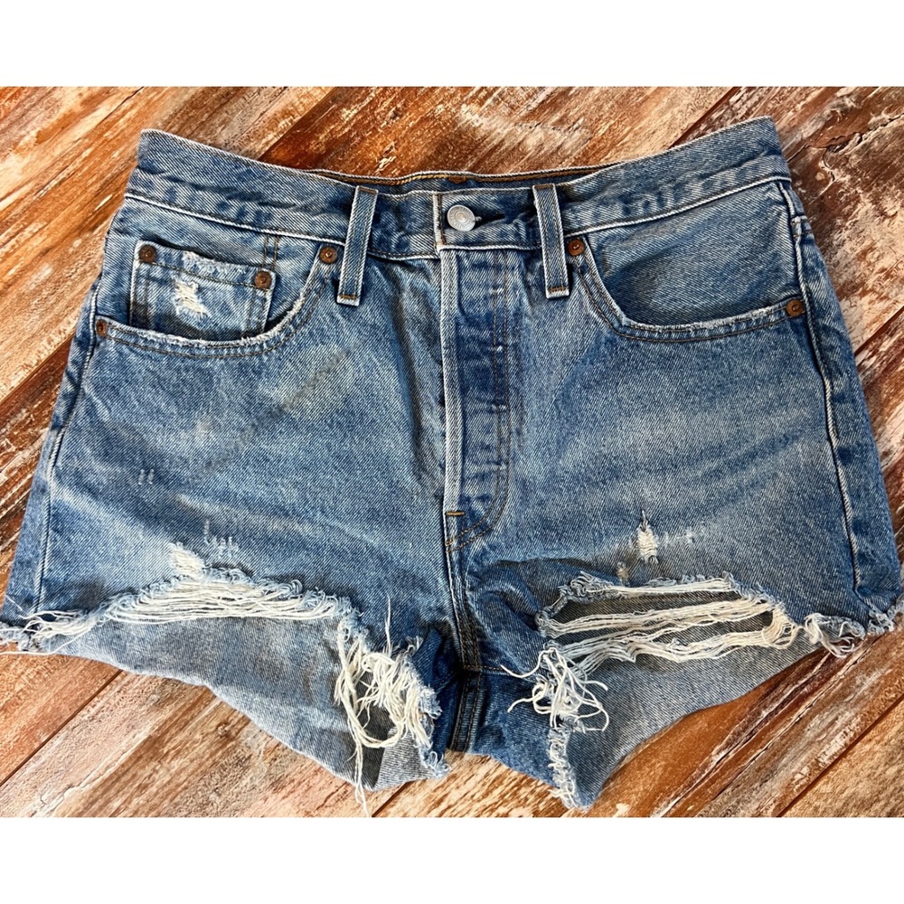 Levi's Premium 501 Distressed Denim Shorts Women's W28 High Rise Cutoff Festival